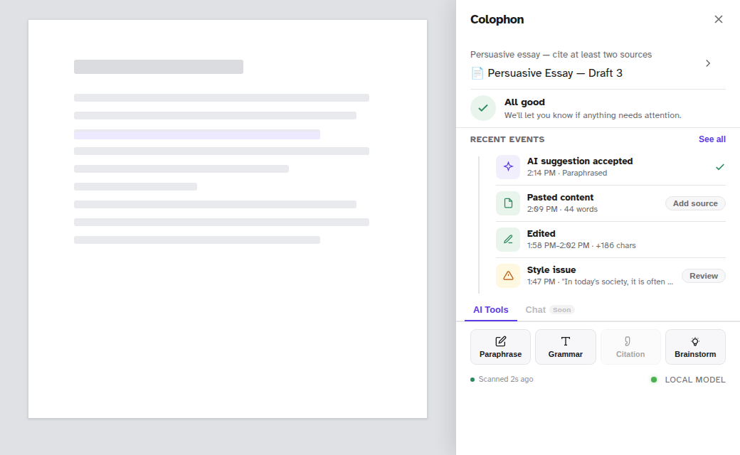 Colophon floating panel open next to a real Google Doc