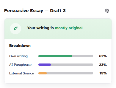 Colophon popup showing the writing breakdown and recent activity
