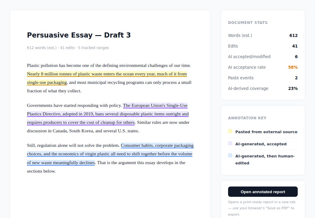 Colophon TWFF viewer showing an annotated writing session report